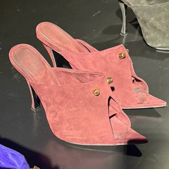 Red Suede Pointed Toe Rivet High Heel Mules for Women