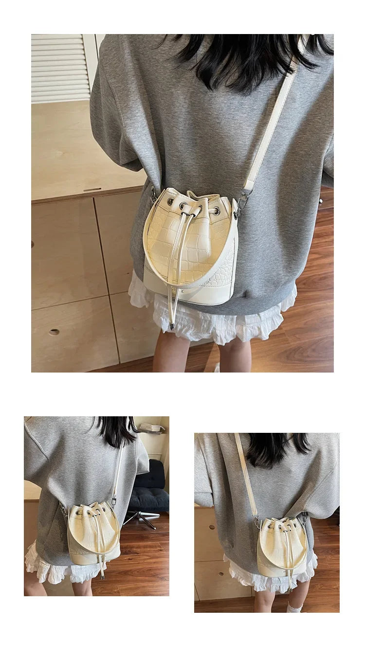 2025 New Trendy Women's Drawstring Tote Bag - Vintage Stone Texture Crossbody Satchel with Retro Minimalist Design