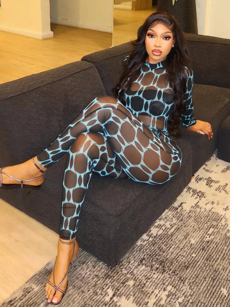 Mesh Patchwork Long Sleeve Two Piece Pants Set for Women