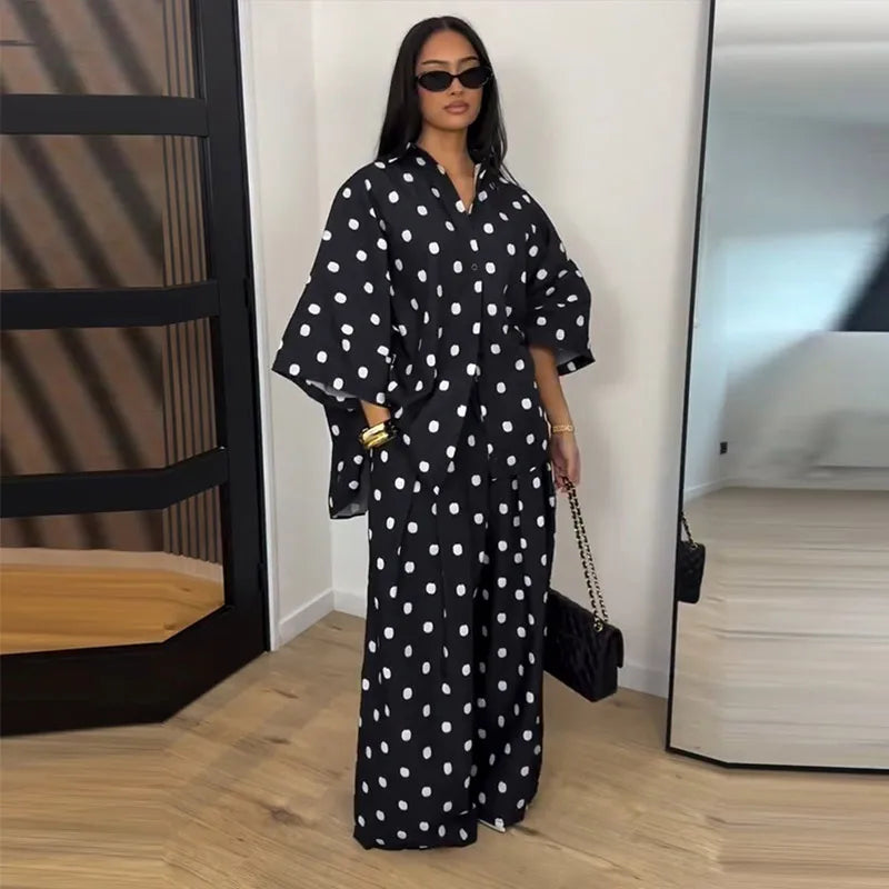 Elegant Polka Dot Shirt And Wide Leg Pants Set for Women