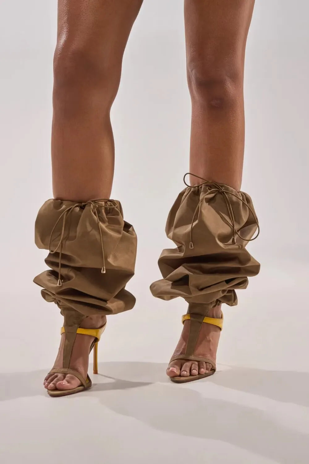 Two-Tone Yellow and Taupe T-Strap Stiletto Sandals for Women