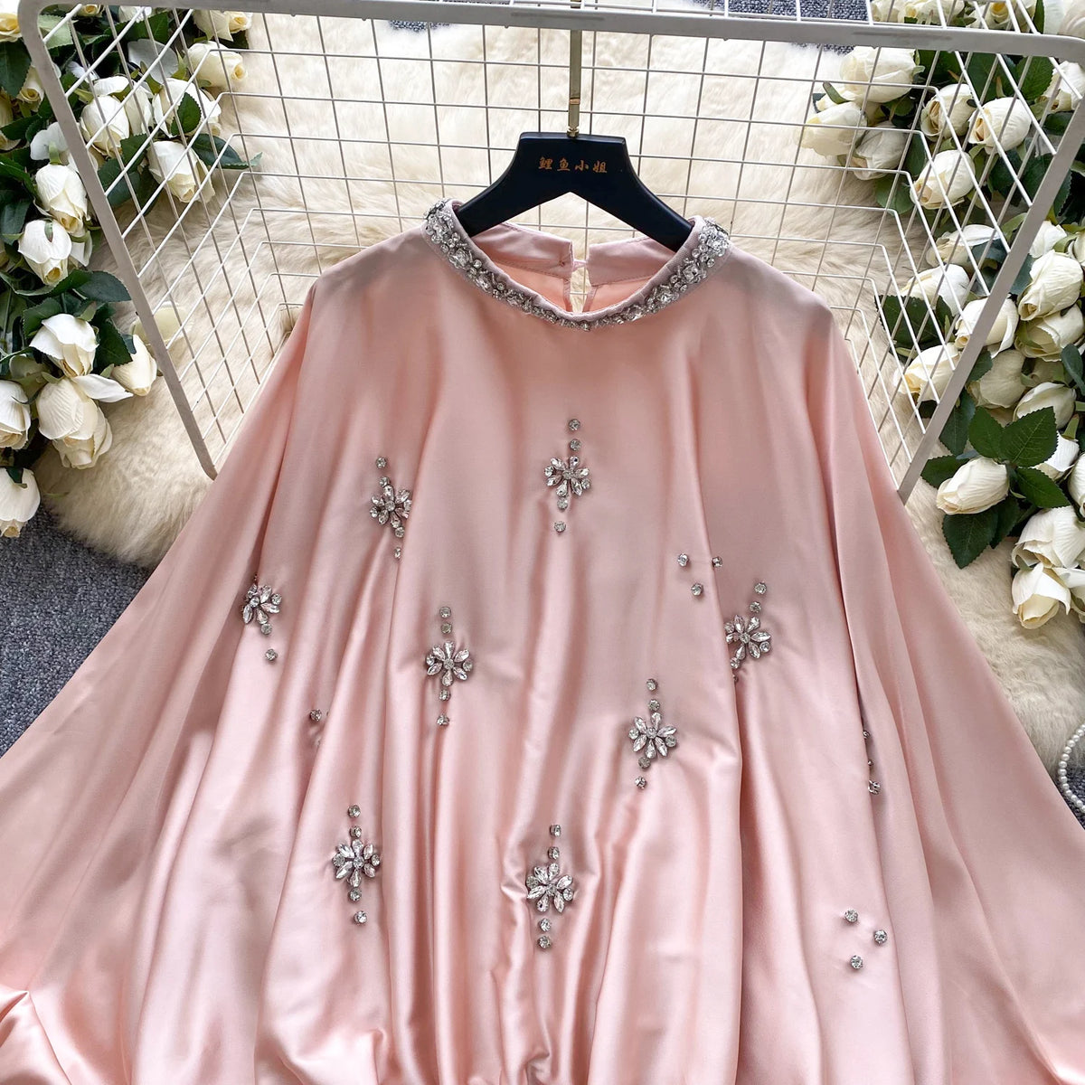 Elegant Beaded Satin Batwing Sleeve Blouse for Women