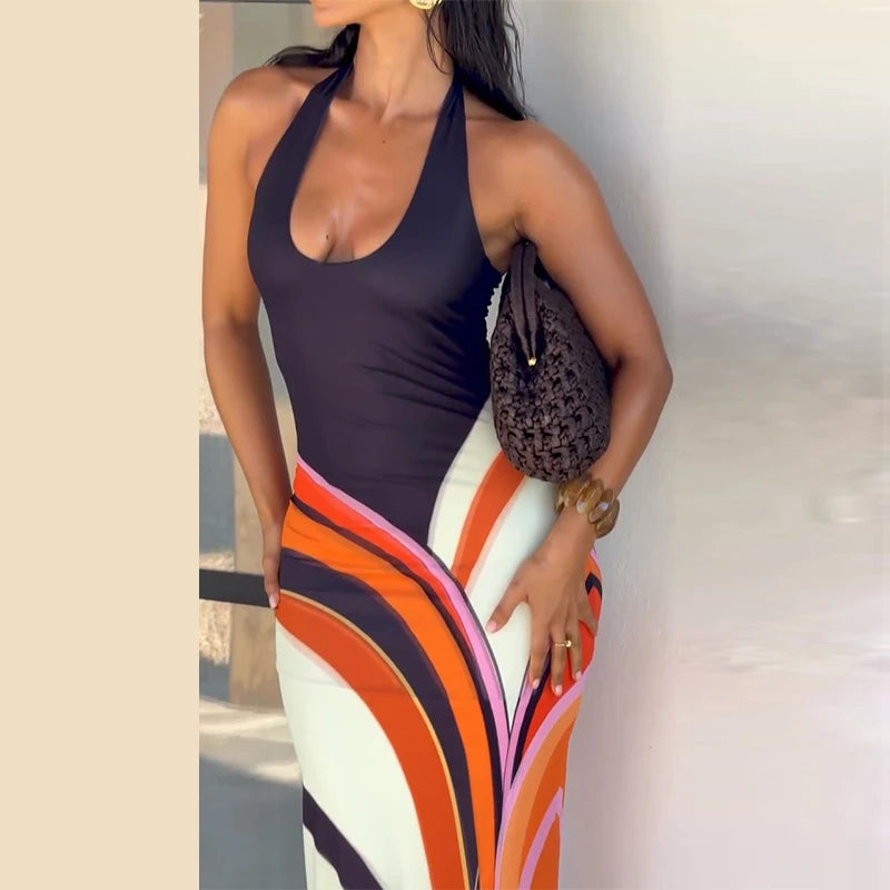 Color Block Sleeveless Backless Square Neck Maxi Dress For Women