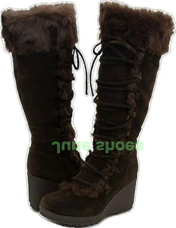 Fur Lined Lace Up Wedge Heel Knee High Boots for Women