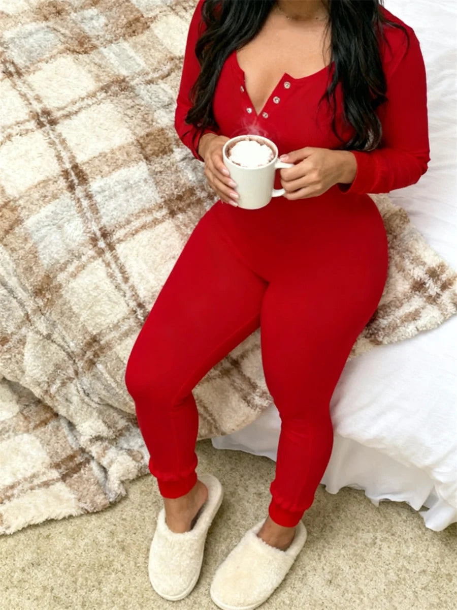 Casual Long Sleeve Button V Neck Jumpsuit for Women