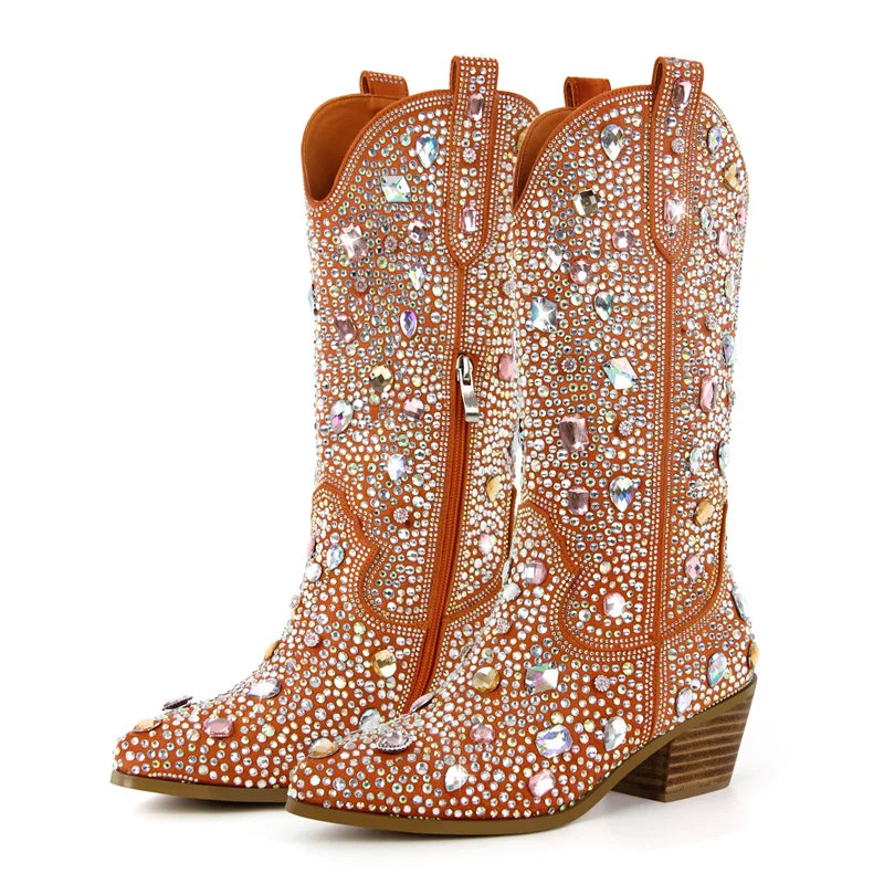 Rhinestone Knee High Cowgirl Boots With Chunky Heels for Women