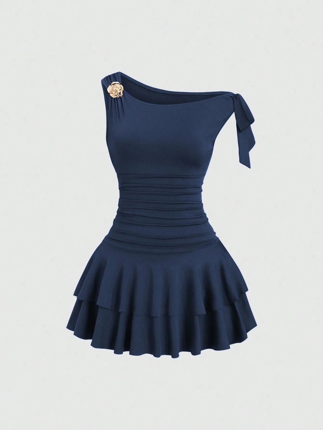 One Shoulder Layered Ruched Floral Mini Dress for Women