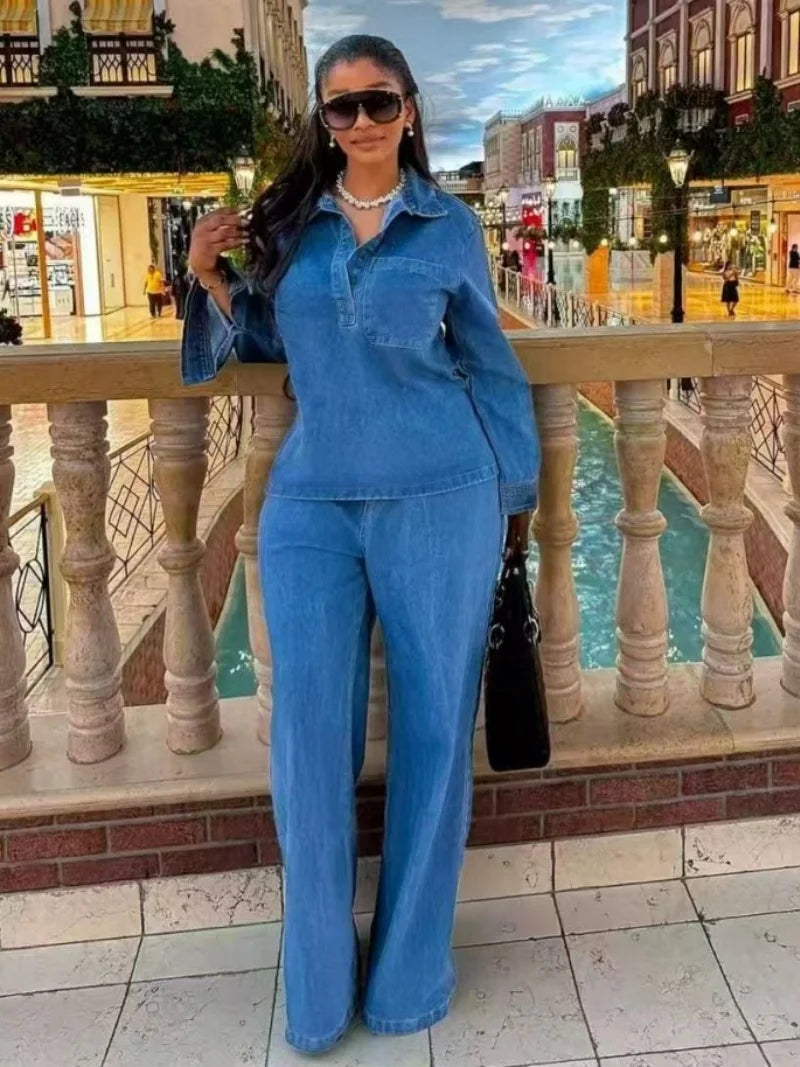 Vintage Long Sleeve Denim Shirt And Jeans Set for Women