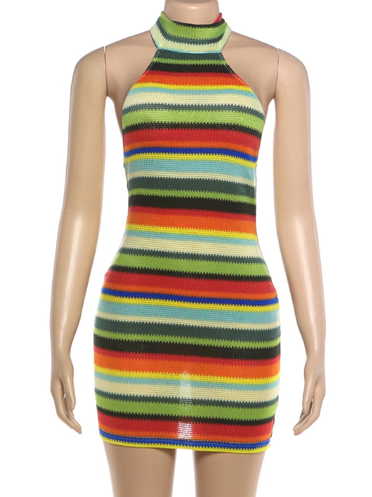 Striped Halter Backless Bodycon Mini Dress for Women