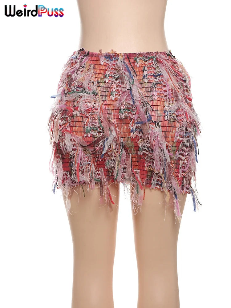 Colorful Tassel Stretch Knit Bodycon Maxi Skirt for Women