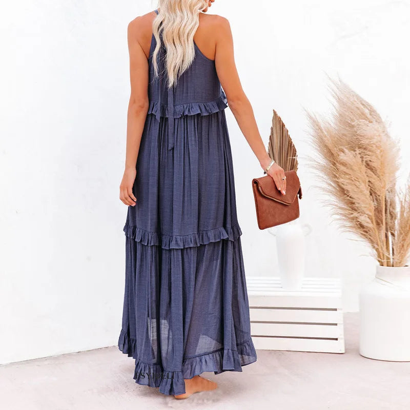 Solid Ruffled Sleeveless Maxi Sundress for Women