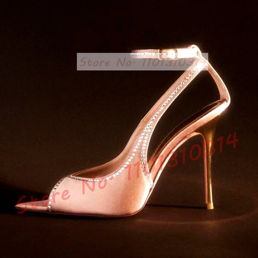 Pink Satin Peep Toe Sandals With Rhinestone Trim For Women