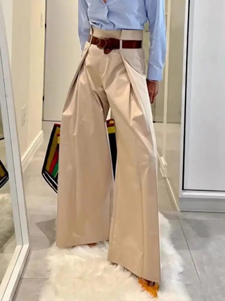 Bonboho Solid Color Cotton Blended Pants for Urban Female High Waist Folded Wide Leg Trousers Women's Loose Fit Casual Pants