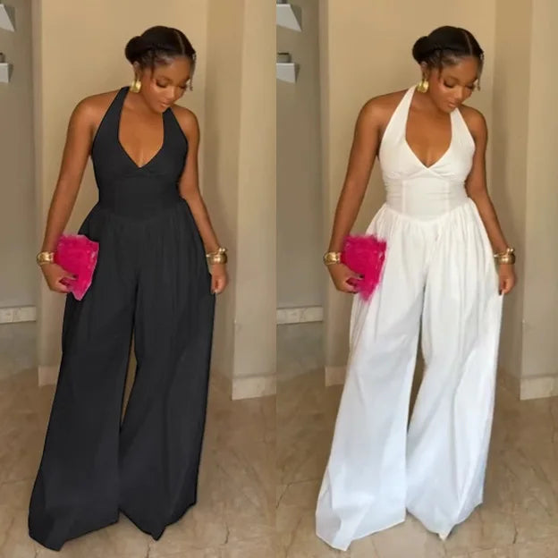 Elegant V-Neck Halter Solid Wide-Leg Jumpsuit for Women