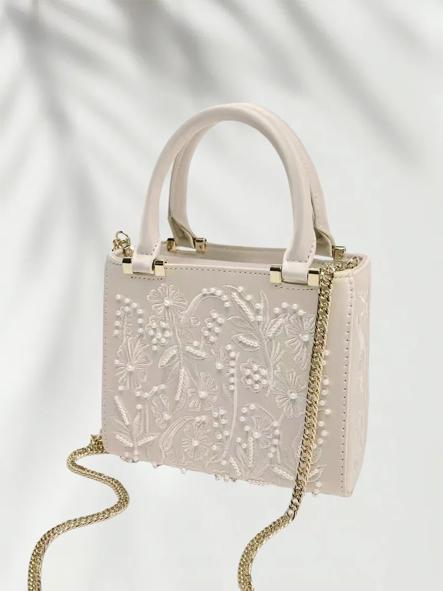 High Texture Fashion Floral Embroidery Tote Bag for Women Elegant Artificial Pearl Decoration Chain Shoulder Messenger Bag Purse