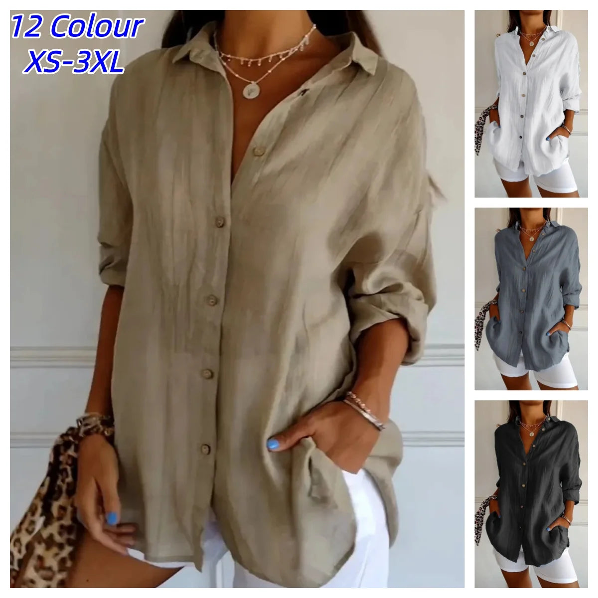 Relaxed Fit Long Sleeve Solid Color Blouse For Women