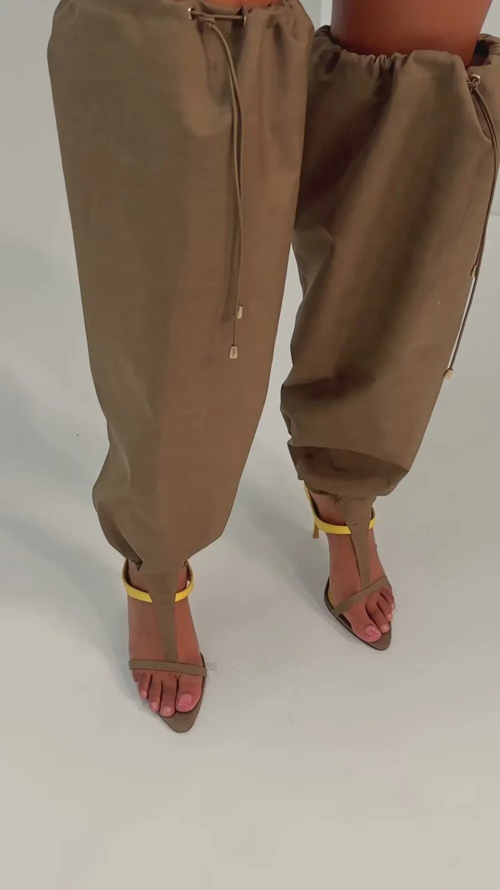 Two-Tone Yellow and Taupe T-Strap Stiletto Sandals for Women
