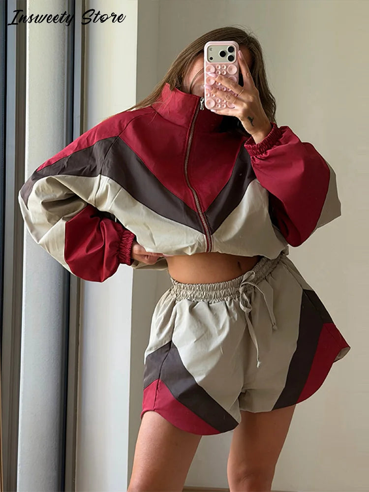 Contrast Color Zip Jacket and Shorts Two Piece Set for Women