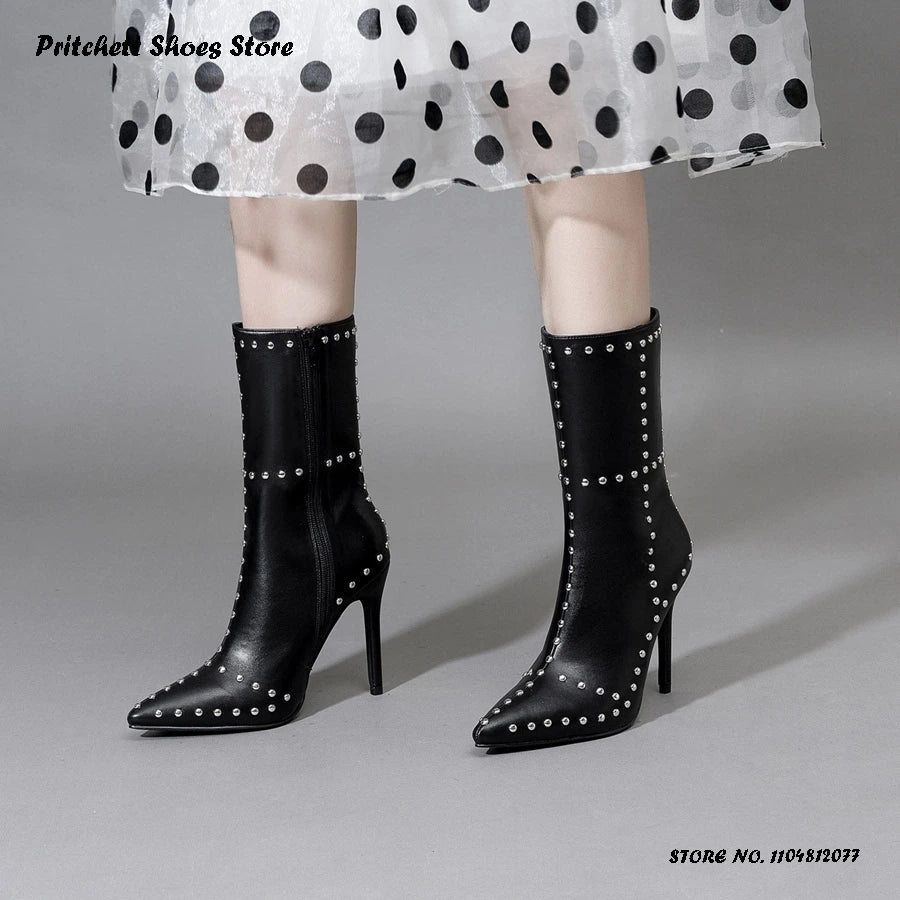 Studded Leather Pointed Toe Ankle Booties For Women