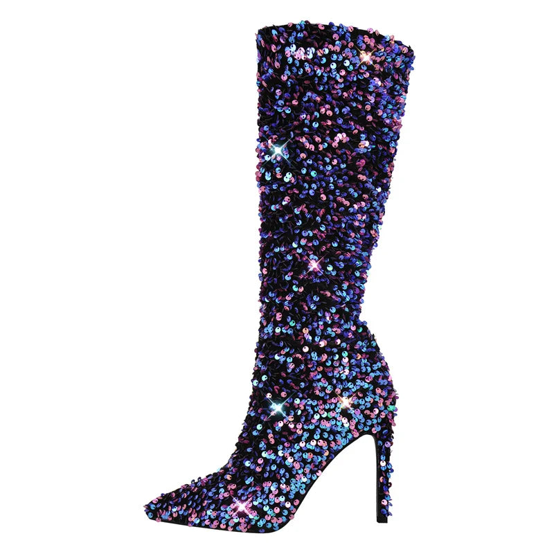 Winter Warm Pointed Toe Stiletto High Heel Mid Calf Faux Fur Boots for Women