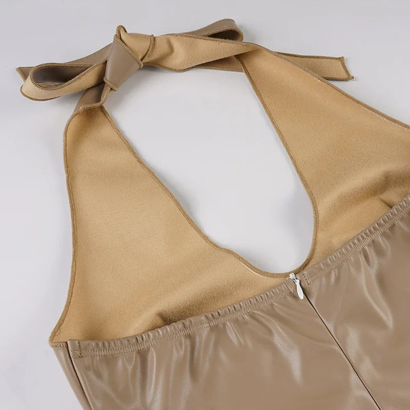 FAGADOER Sexy Ruched Patchwork Bodycon Long Dress Women Halter Deep V-neck Backless Dresses Female Streetwear Vestidos 2025 New