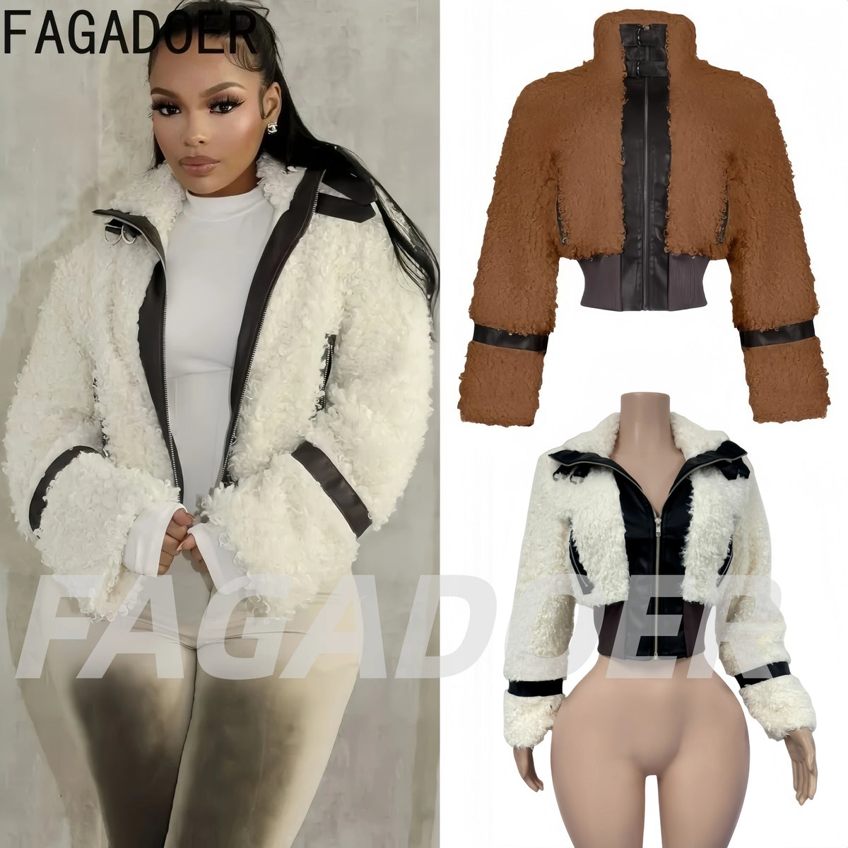 Winter Faux Fur Patchwork Leather Jacket for Women