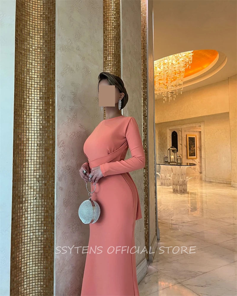 Elegant Long Sleeve Satin Mermaid Floor Length Evening Dress for Women