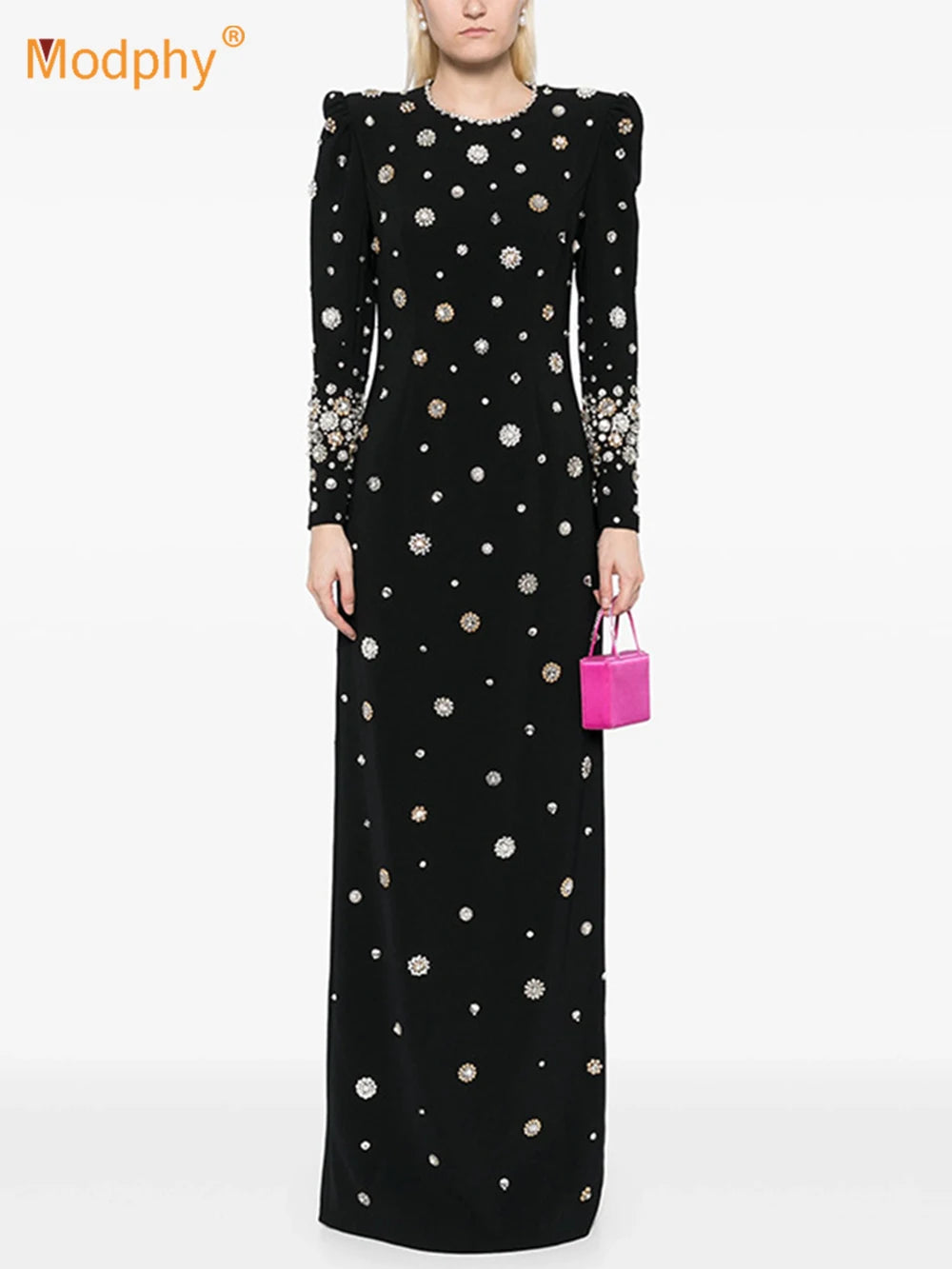 Modphy High-Quality Shiny Diamond Bead Slim Formal Maxi Dress Women'S Long Sleeved O-Neck Elegant Celebrity Evening Runway Gowns