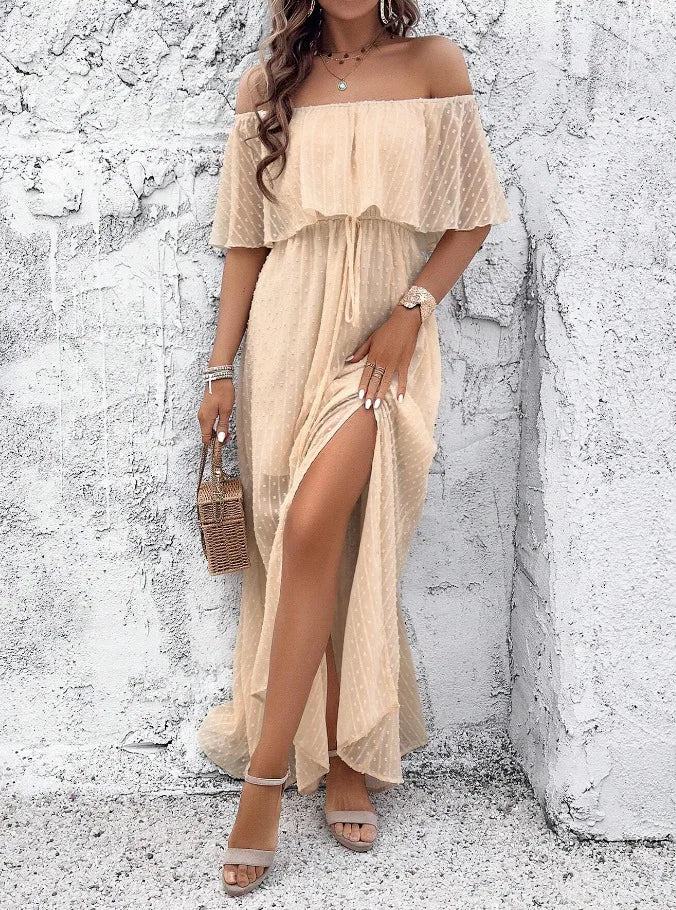 Boho Off Shoulder Short Sleeve Maxi Dress for Women