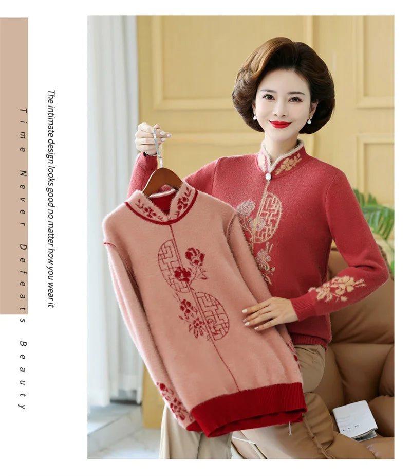 2025 Autumn New Mom's Velvet And Warm Knitted Embroidered Bottom Shirts Imitation Mink Fleece Winter Inner Plsh Thick Pullover