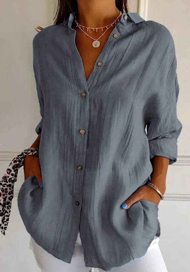 Relaxed Fit Long Sleeve Solid Color Blouse For Women