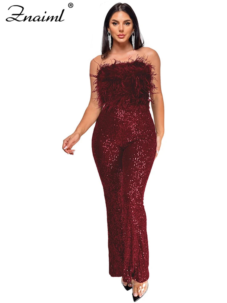 Znaiml New Luxury Sequins Jumpsuit with Colorful Feathers Sleeveless Shiny Dress Women's Evening Birathday One Pieces Rompers