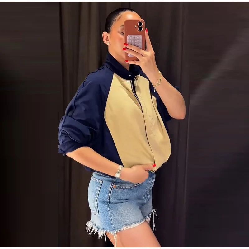 Color Block Two Piece Tracksuit With Cropped Jacket for Women