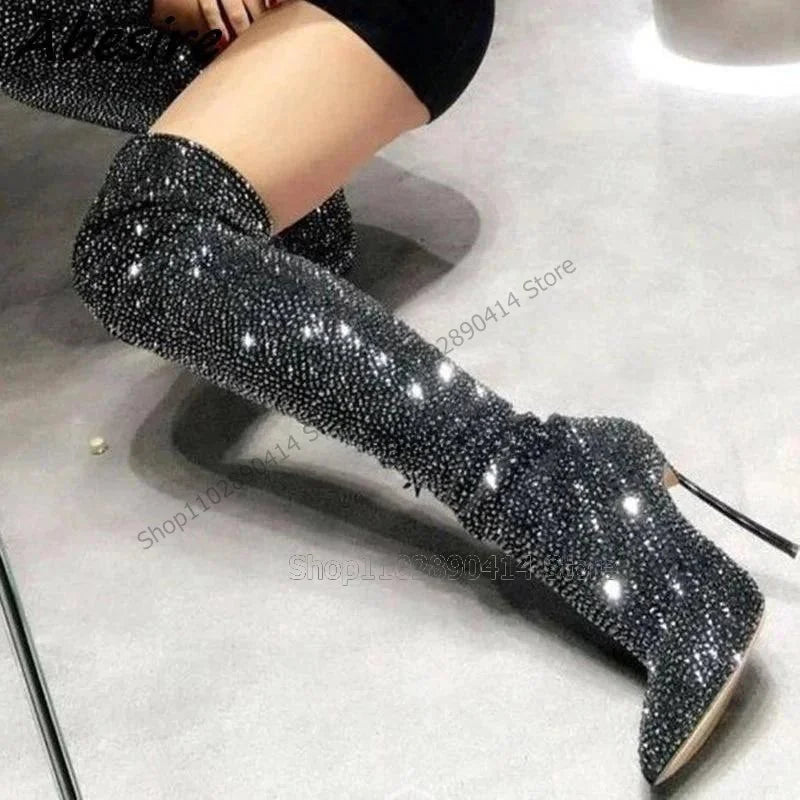 Black Rhinestone Pointed Toe Heeled Boots For Women