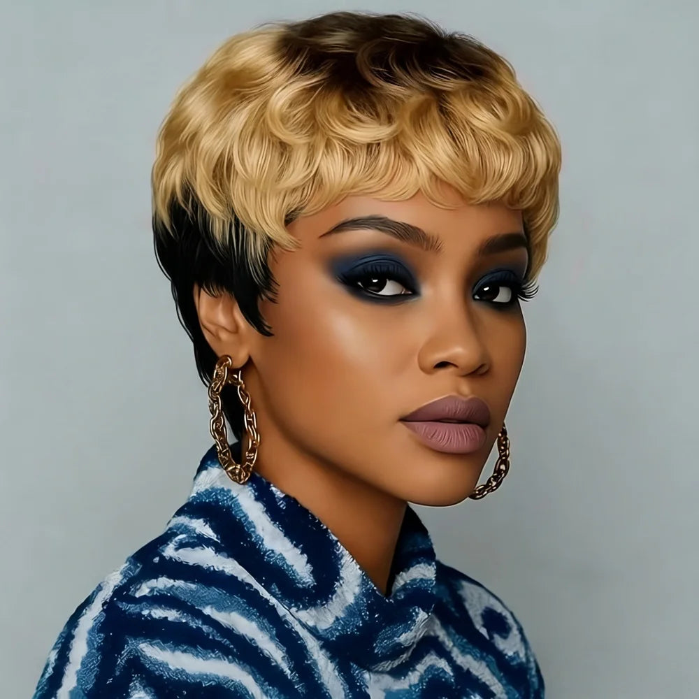 Pixie Cut Wig Curly Wave Human Hair Wigs with Bangs Full Machine Made Wig For Women