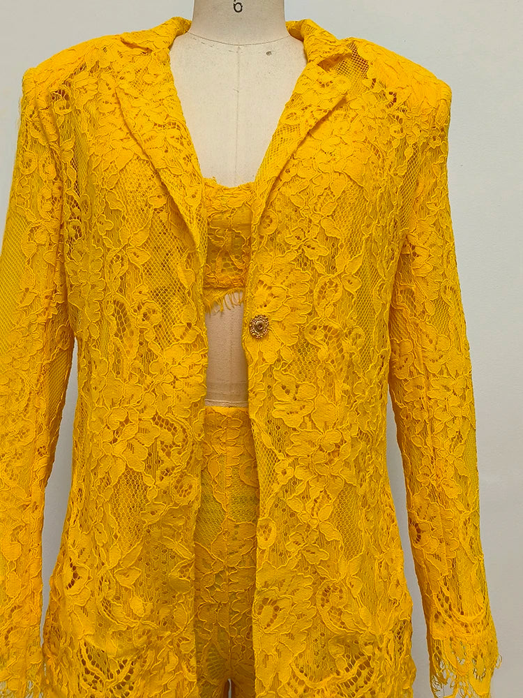 Women's Casual Chic Hollow Out Luxury High-Quality Lace Long Sleeve Suit Jacket High Waist Shorts Three Pieces Set Evening Party