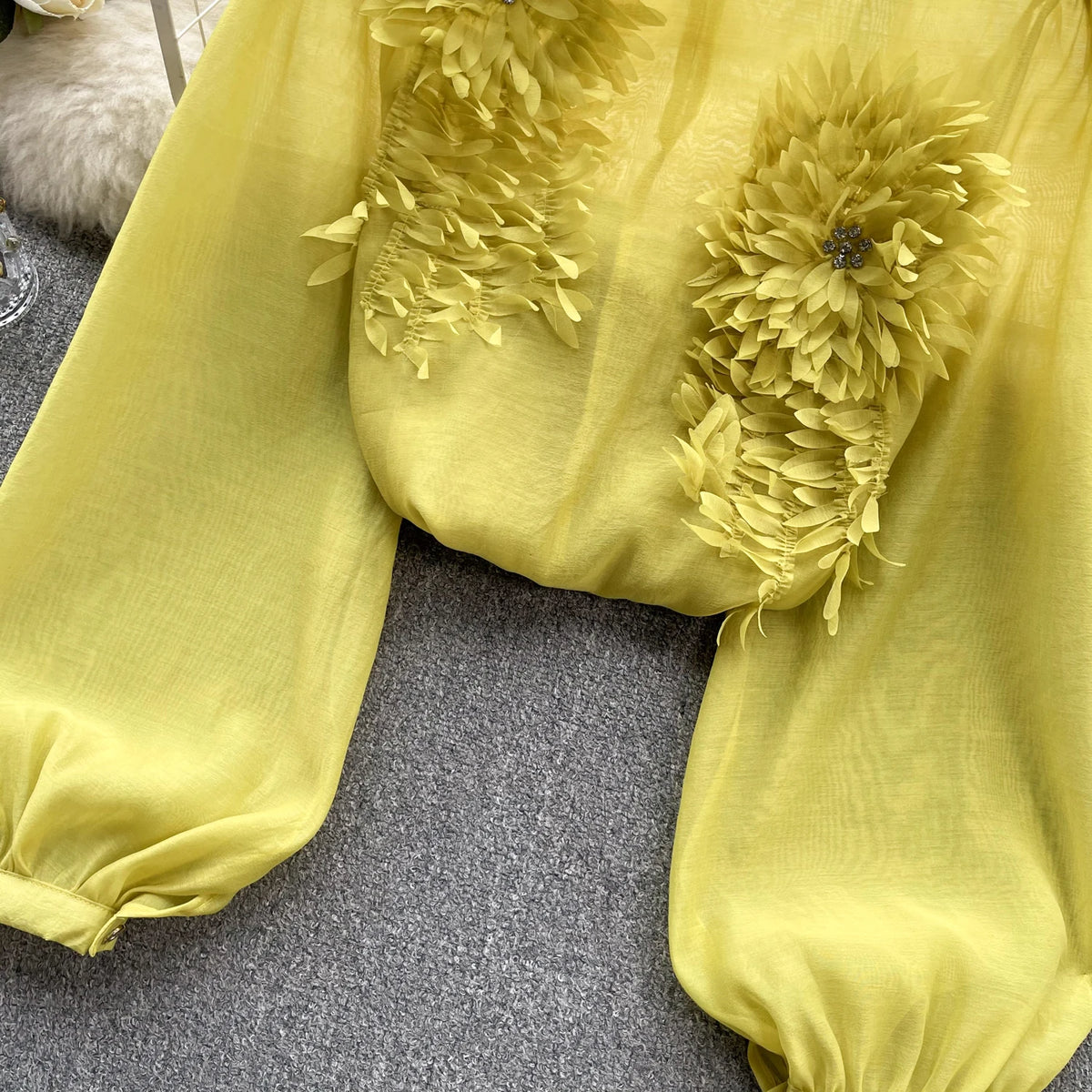 Sheer Floral Bohemian Long Sleeve Satin Blouse for Women