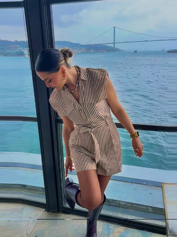 Elegant Striped Sleeveless Playsuit With Belt for Women