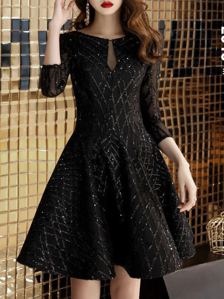Black O-Neck Mid-Calf Evening Dress With Tatting For Women