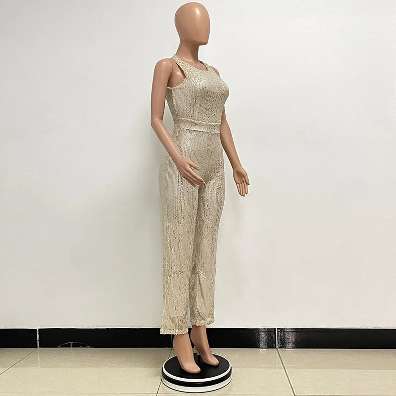 Elegant Silver Sequined Straight Cut Jumpsuit for Women