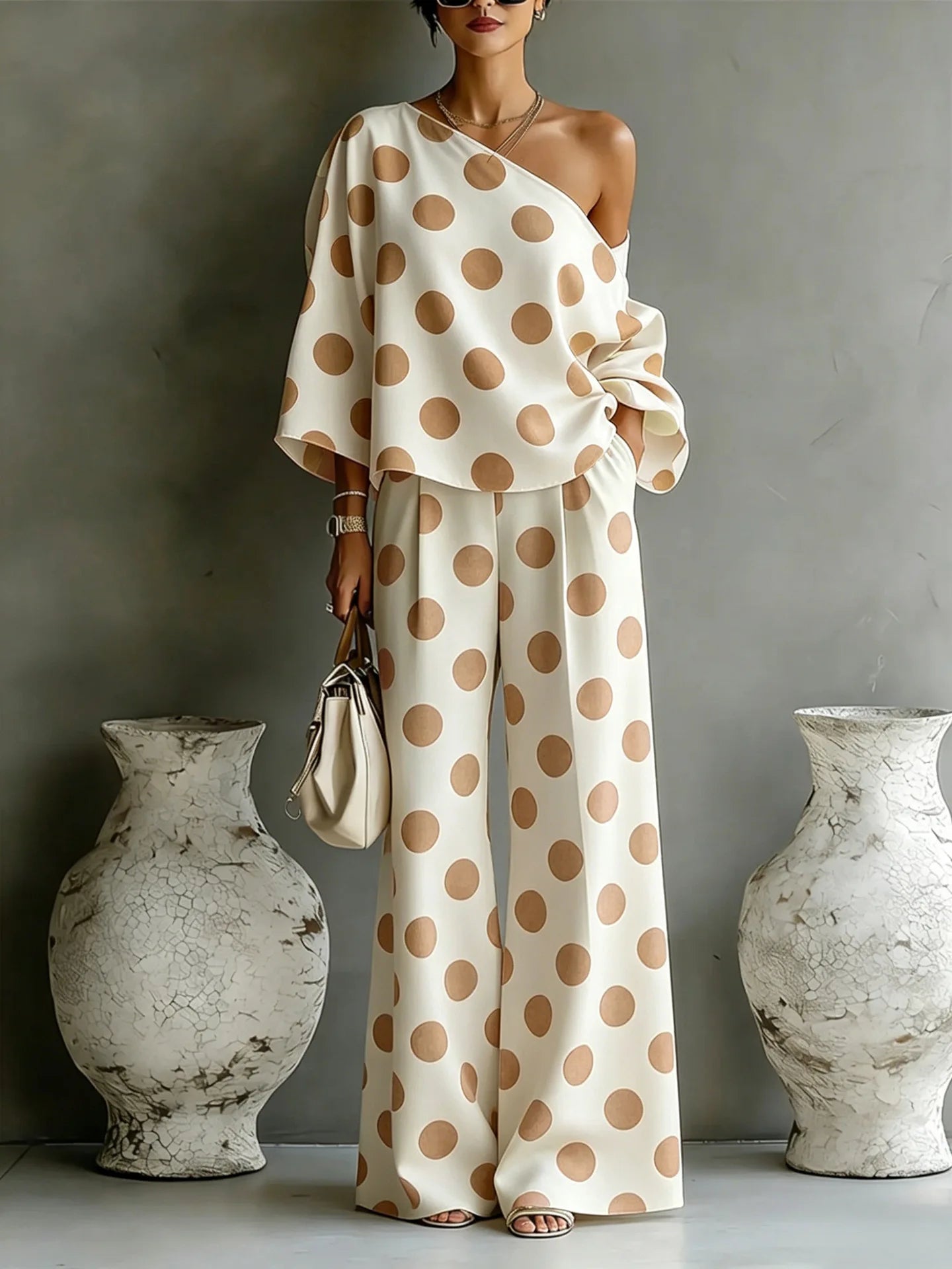 Slant Shoulder Open Back Casual Two Piece Set For Women