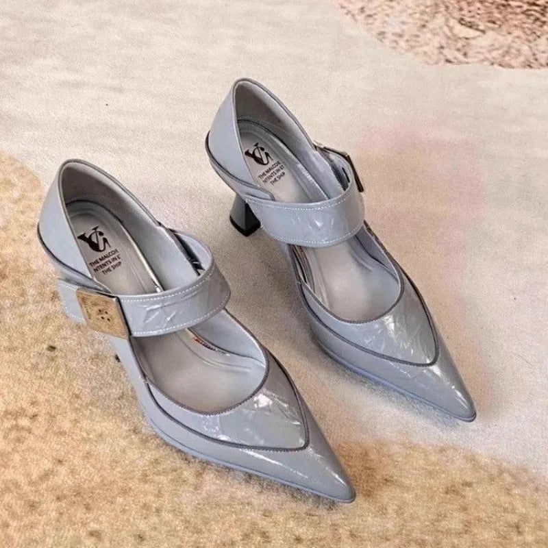 Soft Leather Pointed Toe Pumps With Metal Buckle for Women