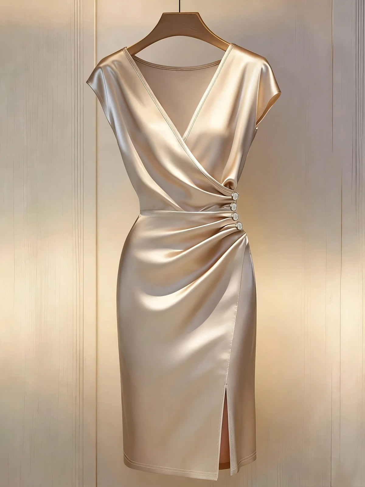 V-Neck Satin Pleated Midi Dress With Side Slit for Women