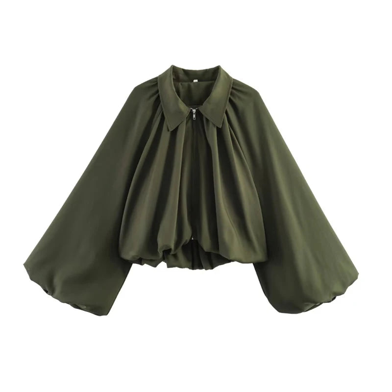 Elegant Solid Bomber Jacket With Puff Sleeves for Women