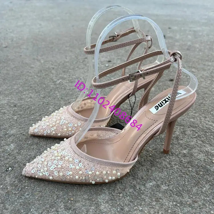 Elegant Glitter Beaded Slingback High Heel Sandals for Women