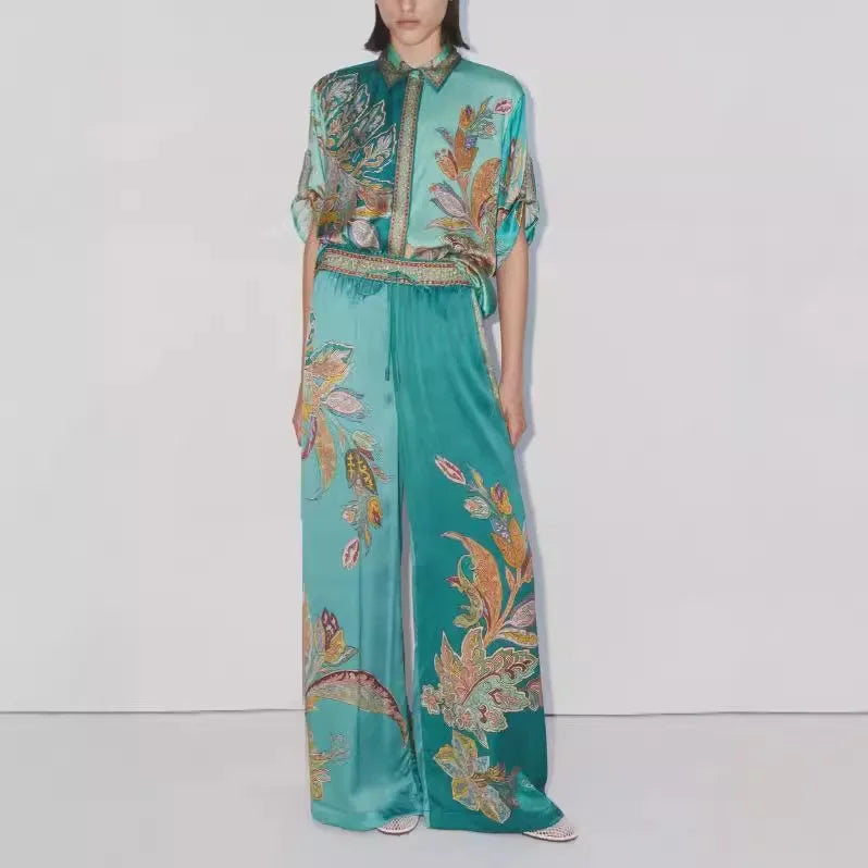 Womens Two Piece Suit Set With Long Sleeve Shirt And Wide Leg Trousers Retro Print Spring Summer Style
