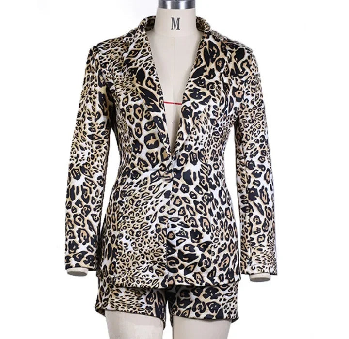 Shorts Suit 2 Piece Set for Womens Outifits 2024 Fall Winter Fashion Leopard Print Casual Long Sleeves Blazer Half Pants Suits