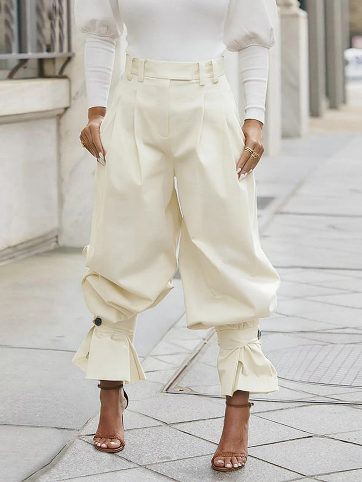 Ruched Stretch Wide Leg Casual Work Trousers for Women