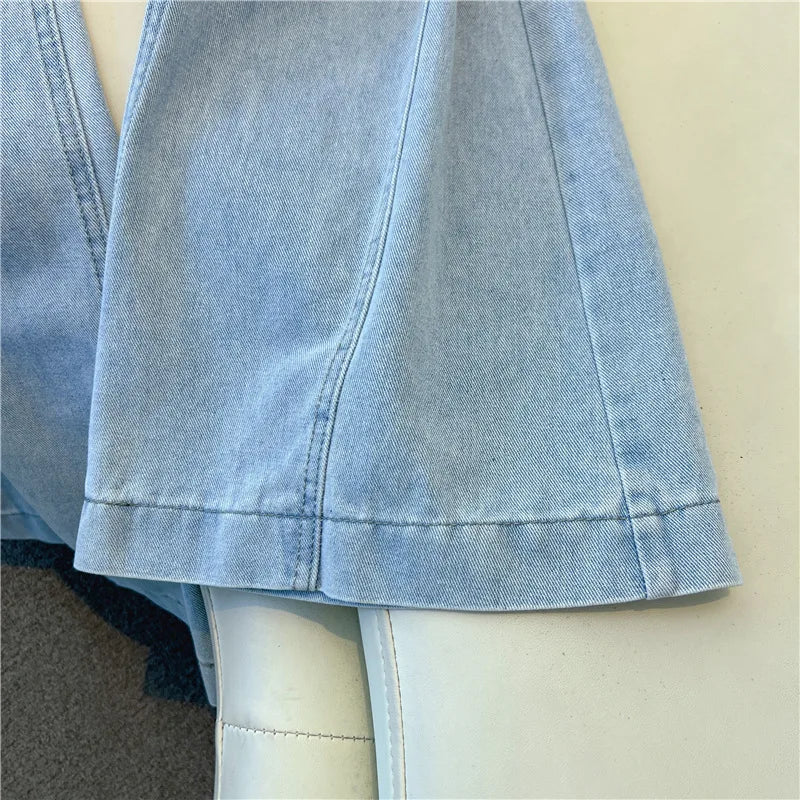 Fashion High Waist  Belt Jeans for Womrn Korean Versatile Loose Light Blue Denim Pants Retro Design Sense Wide Leg Trousers