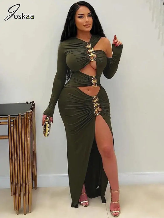 Joskaa Elegant Metal Decoration Hollow Birthday Dress Woman Sexy Irregular Full Sleeve High Split Maxi Dresses 2025 Clubwear